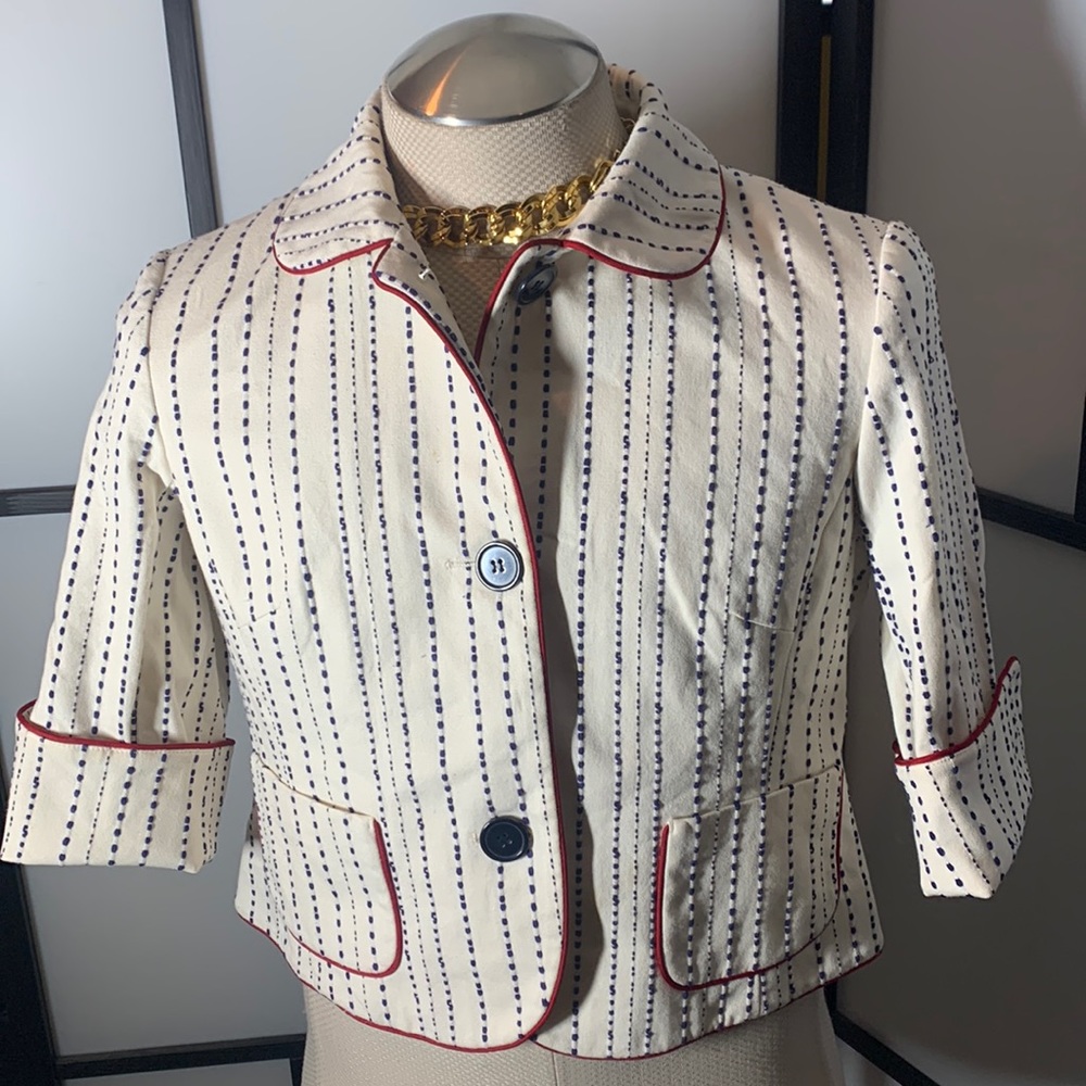 Talbots Cotton White Blue Stripes Red Trim Button Collar Pockets Blazer …